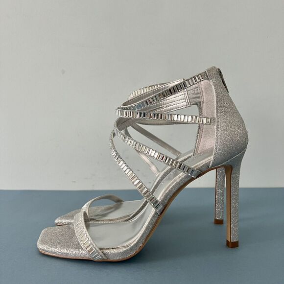 Gianni Bini Shawn Sparkle Embellished Silver Strappy Dress Sandal Heels - Picture 5 of 8